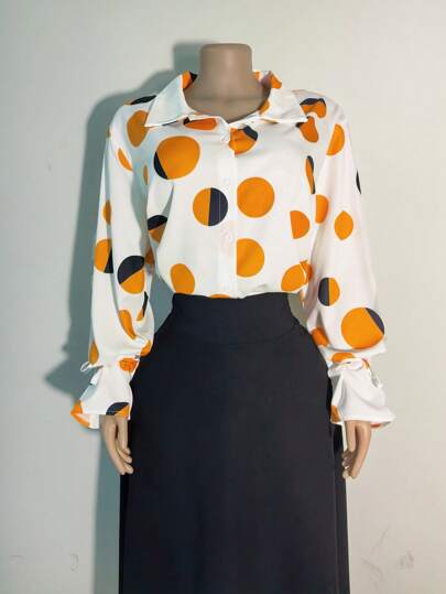 大码女式波尔卡圆点印花落肩长袖单排扣休闲衬衫，秋季