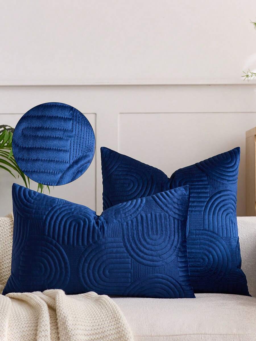 1/2 Pcs Plush Plush Decorative Throw Pillow Cover, Geometric Quilted Cushion Cover, Fluffy Soft Solid Color Rectangular Pillow Sham - Blue - View 1