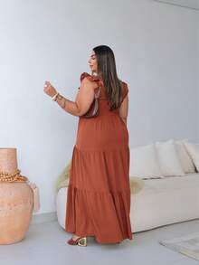 Long Plus Size Dress, With Straps, Three-Mariah Ruffle, Latex On The Back, Women's Fashion, Elegance, Versatile, In Duna Fabric. - Camel - View 2