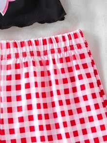 Sweet Girl's 2-Piece Pajama Set With Pink Bow Top And Pink Gingham Shorts, Elegant & Cute Design For Vacation, Casual Daily Wear And Lounging At Home, Summer, Soft Fabric