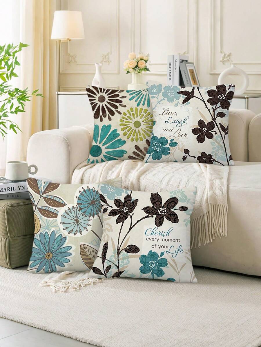 4 pièces Taies d'oreiller imprimées de fleurs vintage, Housses de coussin en velours rétro, impression unilatérale avec fermeture éclair cachée, convenant à toutes les saisons, sans insert de coussin, adaptées à la décoration de cabine extérieure, salon, chambre à coucher, canapé, patio