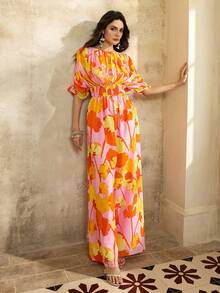 Faeriesty 印花优雅花卉雪纺派对连体裤，褶皱腰身和大胆花卉图案 - 非常适合夏季户外派对、海滩婚礼、休闲晚宴和花园活动 - 粉色 - 查看 10