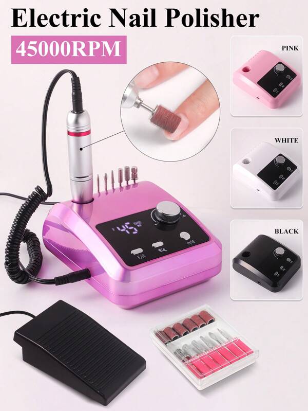 Lime à ongles électrique, kit de lime à ongles électrique, limes à ongles professionnelles 45 000 tr/min pour ongles acryliques, ongles en gel, manucure, pédicure, machine de polissage pour un usage domestique et en salon avec pédale de pied