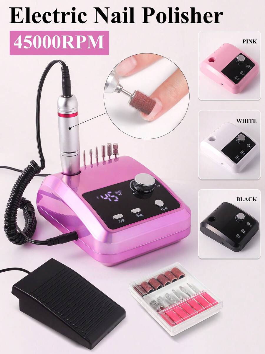LIMEGIRL 45000转/分钟电动美甲钻，美甲钻套装，电动指甲锉，专业级，适用于亚克力指甲、凝胶指甲、美甲、足疗抛光，家用及美甲沙龙均可使用，带脚踏板