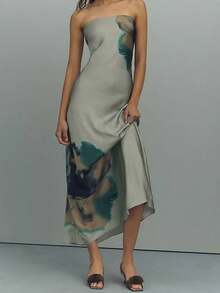 Women Floral Formal Strapless Column Satin Maxi Dress Backless Maxi Long Dresses Y2K Sleeveless Bodycon Tube Summer Sundress - Green - View 1