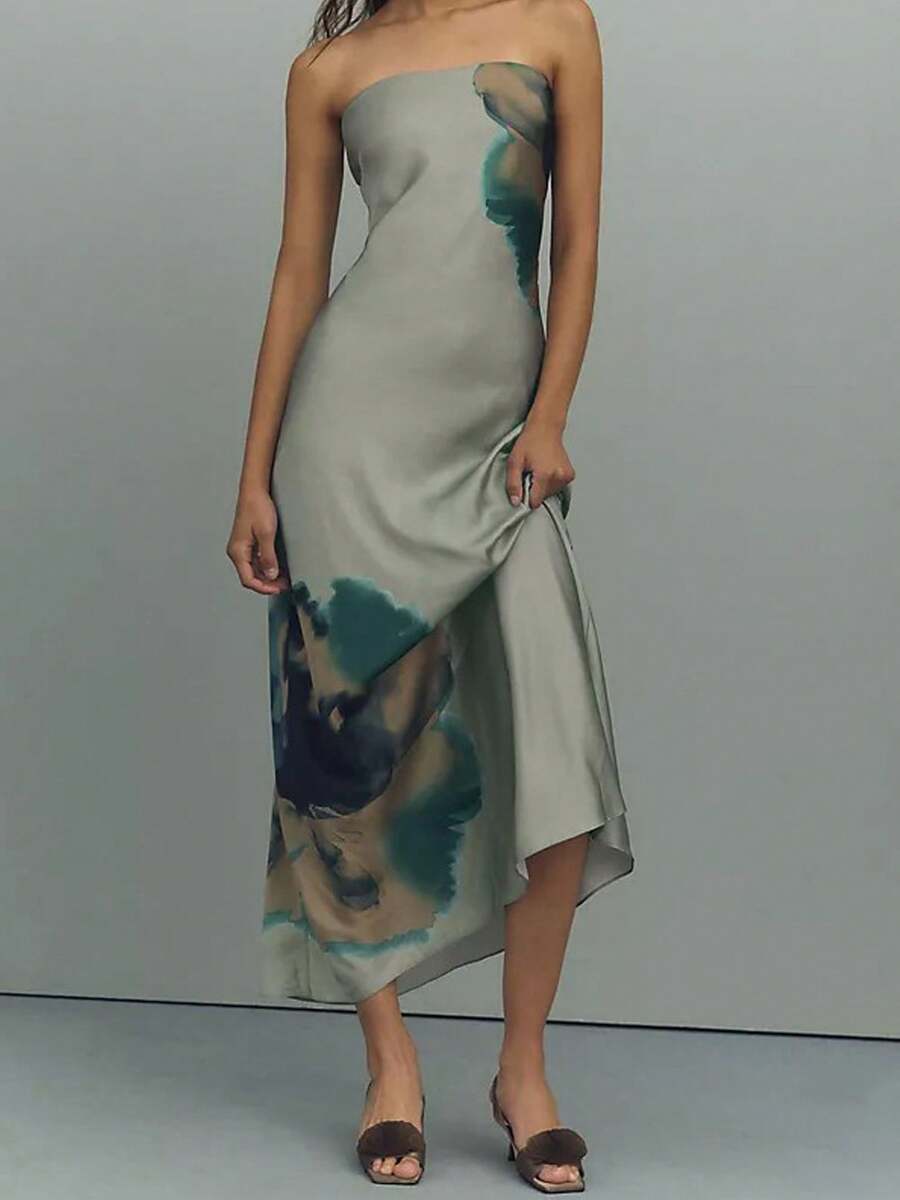 Women Floral Formal Strapless Column Satin Maxi Dress Backless Maxi Long Dresses Y2K Sleeveless Bodycon Tube Summer Sundress - Green - View 1