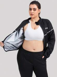 1Set Plus Size Sauna Suit For Women Sauna Jacket Pants Workout Sweat Suit Long Sleeve Zipper Top For Slimming Fitness Trainer Gym - Black - View 4