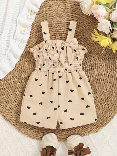 Baby Girl Apricot Heart And Bow Jumpsuit Romper, Cute Summer Style