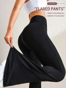 Pantalones deportivos de yoga de cintura alta unicolor acampanados para mujer talla grande, leggings de compresión para correr y fitness, ropa de mujer color negro - Negro - Ver 2