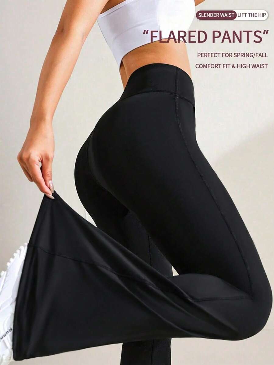 Pantalones deportivos de yoga de cintura alta unicolor acampanados para mujer talla grande, leggings de compresión para correr y fitness, ropa de mujer color negro