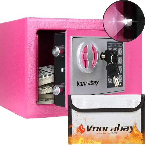 Fireproof Mini Safe With Digital Keypad & Key Lock, Heavy-Duty Steel 0.23 Cu. Ft., Pink,Motion Sensor Light, Portable Youth Style Home Safe For Cash & Valuables