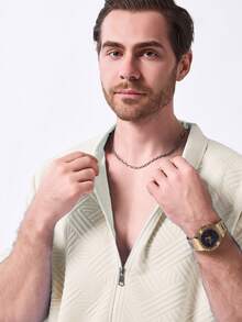 Men's Jacquard Diamond Pattern Knit Fabric Zip Closure Short Sleeve Shirt + Sports Shorts Set - Khaki - View 5