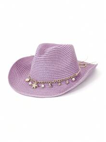 1 件纯色波西米亚休闲草编宝石牛仔沙滩帽，防晒，适合所有季节，男女通用，通勤百搭