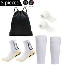 5pcs/Set Football/Soccer Accessories Set, Includes Waterproof Drawstring Bag, Non-Slip Football Socks, Leg Sleeves, Self-Adhesive Sports Bandages, Youth Sports Training High Leg Sleeves