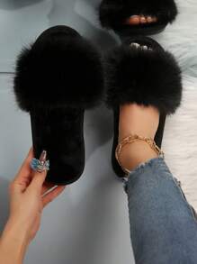 Fashionable Plush One-Toe Open Flatform Slippers For Women, Comfortable Home Wear, Black Color, Spring/Autumn