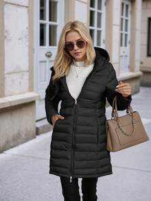 Chaqueta reversible de mujer para otoño e invierno, cálida, acolchada, ligera, con capucha y relleno de plumas, abrigo de burbuja - Negro - Ver 1