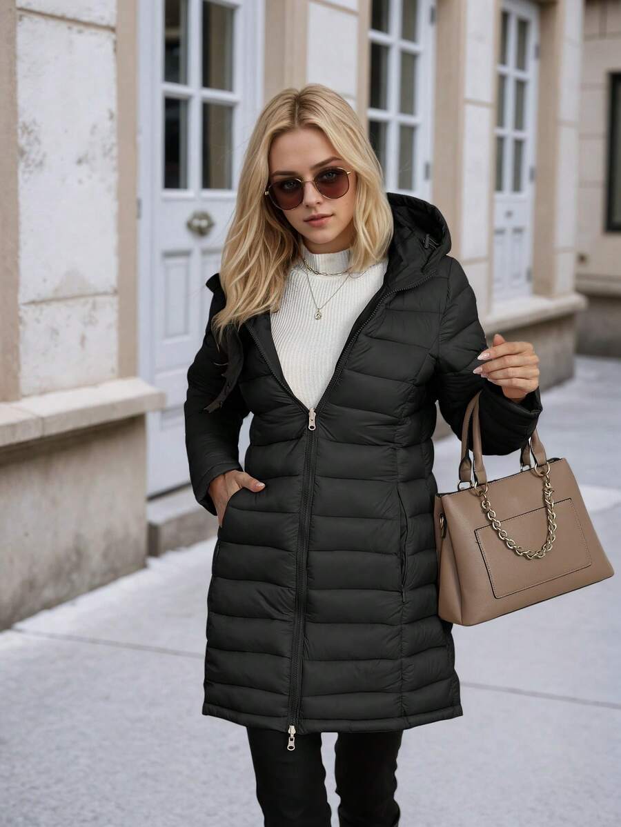 Chaqueta reversible de mujer para otoño e invierno, cálida, acolchada, ligera, con capucha y relleno de plumas, abrigo de burbuja - Negro - Ver 1