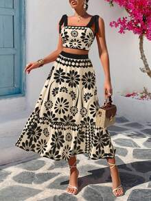 AIJ Amarilo 女士夏季度假印花吊带露脐上衣和长裙两件套（定位印花）