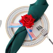 6pcs New Jute Napkin Rings, Hotel Tabletop Decor Cloth Loops, Bowknot Napkin Rings, Tabletop Decor Rings, Theme Red White Blue Rose Napkin Rings, Handmade Rose Holiday Tablescape Napkin Rings