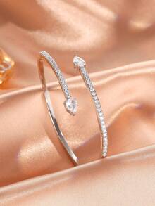 1pc Elegant Zirconia Hollow Waterdrop Cube Design Open Bangle, Suitable For Daily Wear - Style 2 - View 2