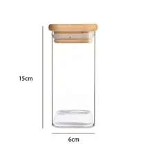Frasco de almacenamiento de vidrio con tapa cuadrada de bambú, recipiente hermético transparente para granos de café, cereales, frutos secos