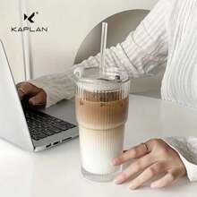 1 pieza, Vaso de vidrio con rayas, con pajita y tapa - 20.29oz/600ml, llamativo vaso de vidrio para beber, apto para café, té, whisky, leche, americano con hielo y bebidas de latte