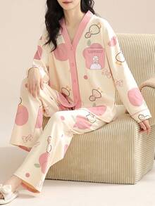 2 件套女士 V 领开衫长袖睡衣套装，柔软家居服，适合春秋季节