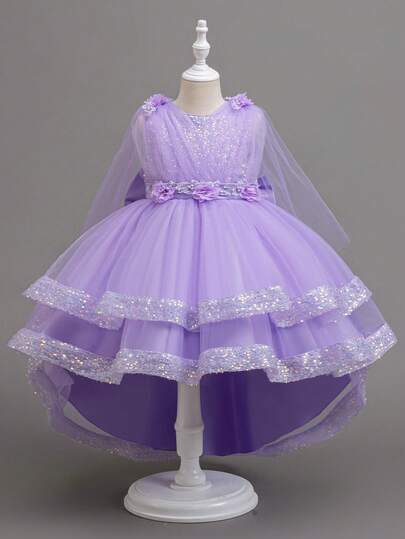 女孩派对公主裙，闪亮舞会礼服薄纱刺绣可爱泡泡袖连衣裙，夏季