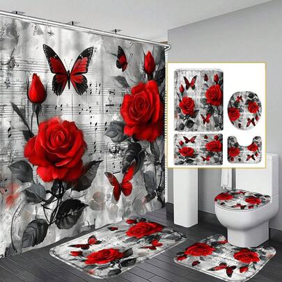 1 件/4 件水彩红玫瑰浴帘套装，浴室装饰，带 12 个挂钩的布艺浴帘，防滑浴室地毯，U 型马桶盖套，马桶座套，浴室装饰