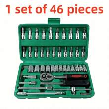 46pcs Multi-Functional Automotive Repair Tool Set, Ratchet Wrench Kit Includes Sockets, 1/4" Drive, Chrome Vanadium Steel Extensions, For Car Maintenance & Home Use - Steel Structure