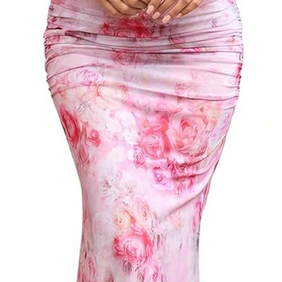 KUTUMAI Off The Shoulder Maxi Long Dress Corset Ruched Bodycon Formal Wedding Guest Dresses For Women - Rose - View 1