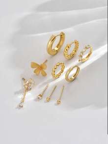 9 件/套不对称优雅花卉 CZ 耳钉套装，简约迷人的女士设计，适合约会、派对、日常佩戴 - 金黃色 - 查看 2