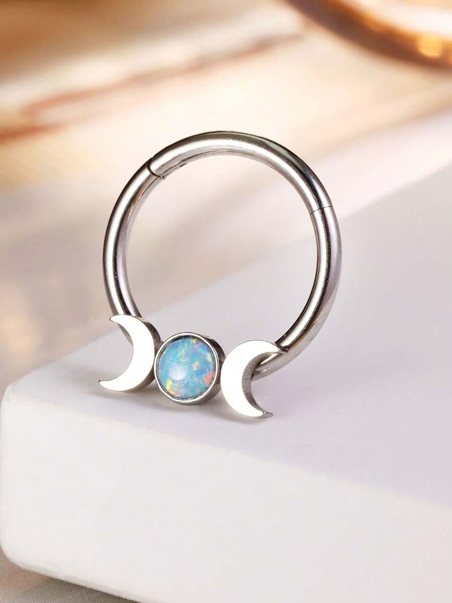 Leocuci 蛋白石鼻中隔环 鼻环 女士防过敏耳轮软骨穿孔饰品 月亮 316L 不锈钢鼻中隔穿孔饰品 16G 10 毫米 - 月亮 - 查看 1