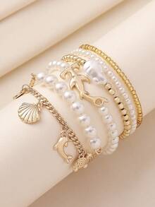 6件套波西米亚风可爱贝壳、飞鱼、海龟、海星吊坠串珠手链，适合女性日常休闲、海滩、旅行、送礼。 - 白色 - 查看 2