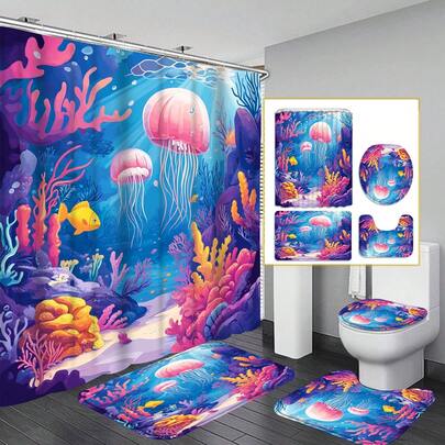 1pc/4pcs Ocean Jellyfish Shower Curtain Set, Bathroom Decor, Fabric Shower Curtain Set With 12 Hooks, Non-Slip Bathroom Rug, U-Shaped Toilet Mat, Toilet Lid Cover, Bathroom Decorations