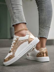 Comfortable & Versatile Women's Shoes With Glamorous Sequin Decoration, Laser Gold Fabric Upper, Flat Sneakers - Gold - View 5