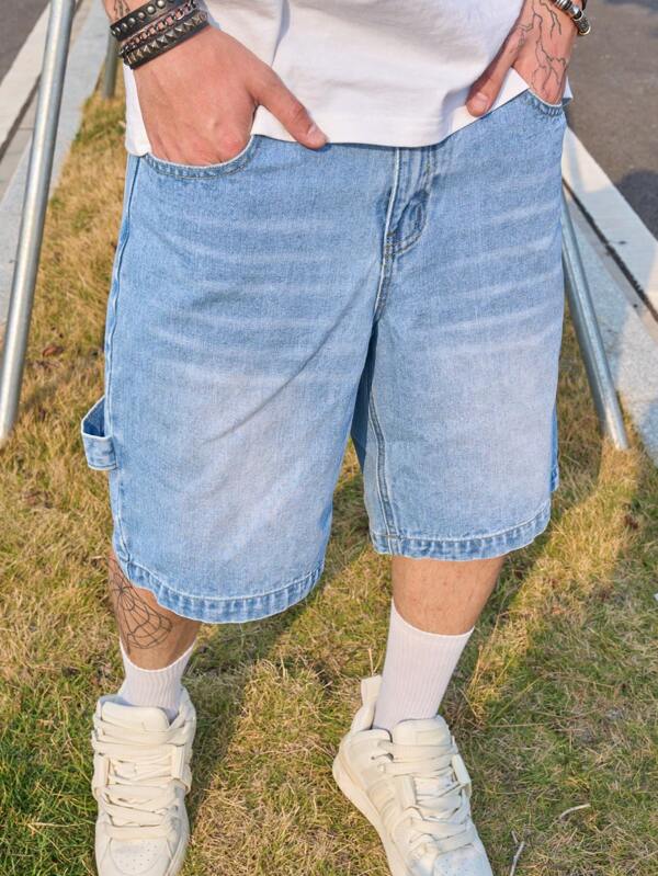 Men's Bermuda Denim Shorts, American Style Casual Distressed Light Blue Loose Fit Knee Length Shorts, Summer