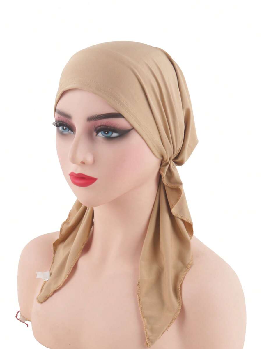 1pc Casual Solid Color Long Tie Up Base Cap, Suitable For Daily Use Sleep Bonnet,Summer,Beach,Hat - Khaki - View 1