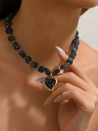 1pc Vintage Bohemian Asymmetrical Resin Block, Simulated Volcanic Stone Resin, Gold Heart Painted Pendant, DIY Beaded Jewelry, Includes Options: Antique Silver Flower, Silver Heart Painted, Burgundy Resin With CCB Beads, Heart Beaded Necklace, Bamboo Bead Sun Pendant, Flower Pendant Y-Necklace, Fashionable Beach Party Jewelry For Unique, Perfect, Sexy Women, Resin Size, Quantity, And Placement Randomly Crafted Due To Small Stone Simulation Mold