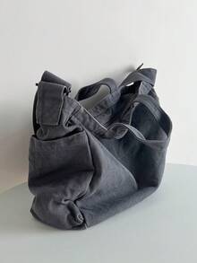 Casual Vintage Washed Thick Canvas Tote Bag, Simple Design Large Capacity Foldable Handbag & Shoulder Bag Suitable For Everyday, School, College, Fits Grey Color