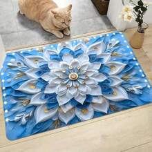 1 Stück Boho Vintage blau florales Muster Teppich, Polyester Eingangsmatte, rutschfest und strapazierfähig, maschinenwaschbar, pflegeleicht, geeignet für Wohnzimmer, Schlafzimmer, Waschküche, Heimdekoration, für den vielseitigen Innen-/Außenbereich