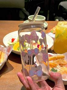 1 pezzo Tazza in vetro con stampa a farfalla, con coperchio e cannuccia, a forma di barattolo, bottiglia d'acqua, tazza per caffè freddo, adatta per tè, succo, latte, come regalo di compleanno, accessorio per bere