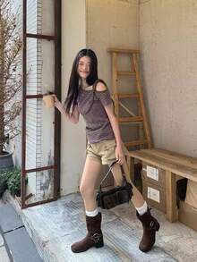 女式夏季撞色条纹不对称肩短袖T恤 - 紫色 - 查看 5