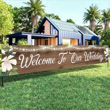 1pc Rustic Wooden Welcome To Our Wedding Banner, Polyester, Indoor & Outdoor Decor, Multi-Purpose, Festive Garden & Lawn Decoration, No Power Needed Party Banner
