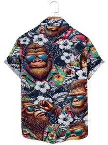 Plus Size All Over Floral Print Button Front Casual Short Sleeve Shirt, Summer