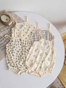 MommBaby Conjunto de 4 piezas de ropa para bebé niña - Mono estampado a cuadros, floral diminuto, estampado de dibujos animados y conjunto de camisola, ropa informal para recién nacidos y bebés