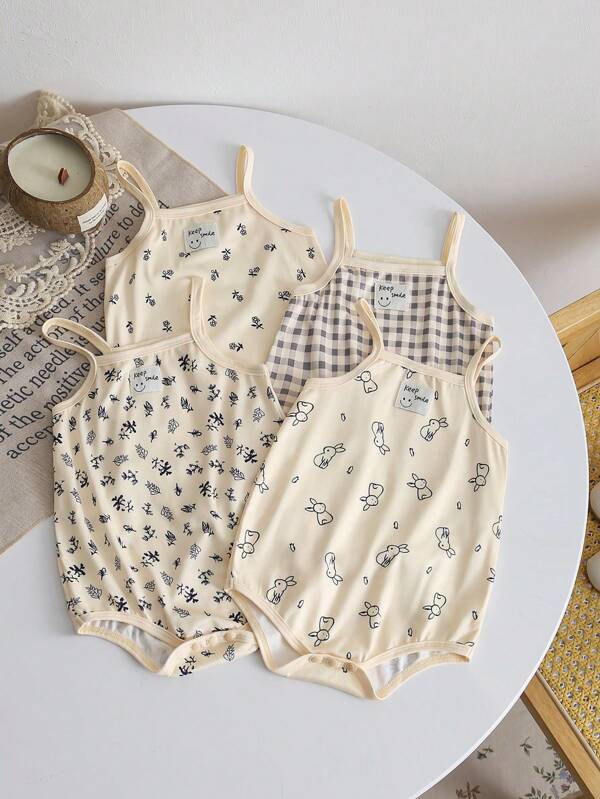 MommBaby Conjunto de 4 piezas de ropa para bebé niña - Mono estampado a cuadros, floral diminuto, estampado de dibujos animados y conjunto de camisola, ropa informal para recién nacidos y bebés