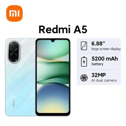 Xiaomi Xaiomi Redmi A5 Global Version Smartphone Android 15 32MP AI Dual Camera Immersive 6.88" High Refresh Rate Display Up To 120Hz AdaptiveSync Massive 5200mAh (Typ) Battery Powered By 15W Fast Charging 32MP Main Camera Secure Fingerprint And Face Unlock Powerful UNISOC T7250 Processor Octa-Core Processor Memory Extension