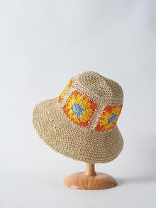 Tropiscape 女士手工编织花朵帽，夏季海滩防晒时尚格纹撞色渔夫帽，波西米亚风度假休闲海滩秋季圣诞节冬季圣诞礼物 - A - 查看 4