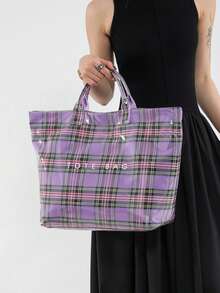 Tas Tote Kapasitas Besar Bergaya Kampus yang Modis - Terbuat dari PVC Ringan dan Kertas Kraft, dengan Penutup Kait dan Velcro, Pilihan Bergaya untuk Wanita - Purple - View 5